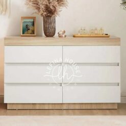 Dresser modern YOBA047 dengan 6 laci putih dan bagian top serta samping dari kayu natural.