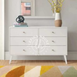 Dresser modern YOBA049 warna putih dengan 6 laci dan kaki retro yang meruncing.