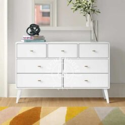 Dresser modern YOBA051 warna putih dengan 7 laci berukuran berbeda dan kaki retro.