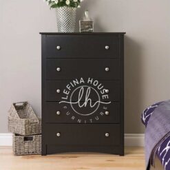 Lemari laci tinggi klasik YOBA053 warna hitam dengan 5 laci dan handle knob.