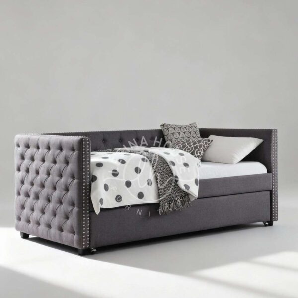Daybed sofa YODB010 warna abu-abu dengan jok kain model kancing (tufted) dan laci