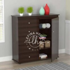 Lemari penyimpanan YOBA064 dengan laci dan rak terbuka untuk sepatu atau barang lainnya.