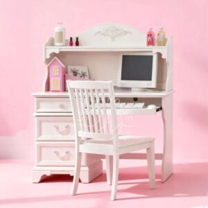 Set meja belajar anak perempuan YOBA001 warna pink dan putih dengan rak dan laci.