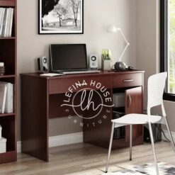 Meja komputer modern YOMB038 dari kayu jati dengan laci keyboard.