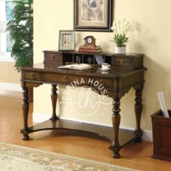 Meja tulis antik YOMB047 dari kayu jati dengan kaki bubut ukir yang detail.