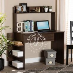 Meja komputer modern YOMB048 dari kayu jati dengan unit rak buku asimetris.