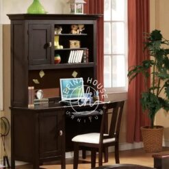 Set meja belajar klasik YOMB053 dari kayu jati dengan rak atas dan kursi.