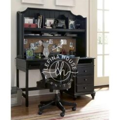 Meja kerja klasik YOMB058 warna hitam dengan rak buku atas yang besar.