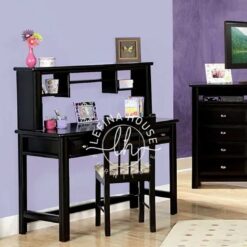 Set meja belajar anak YOMB062 warna hitam dengan rak atas dan kursi.