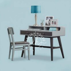 Set meja belajar modern YOMB065 kombinasi warna abu-abu dan putih.