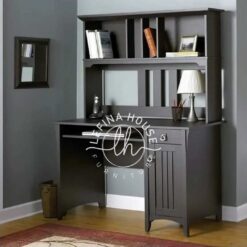 Meja kerja sudut (L-shape) YOMB068 warna hitam dengan rak atas.