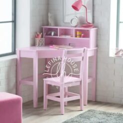 Set meja belajar anak YOMB069 warna pink dengan rak dan kursi serasi.