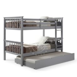 Tempat tidur tingkat YOTT007 warna abu-abu dengan ranjang sorong di bawah.