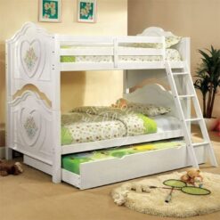 Tempat tidur tingkat klasik YOTT011 dengan detail ukiran dan ranjang sorong.