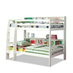Tempat tidur tingkat YOTT013 warna putih dengan rak buku di bagian belakang.