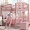 Tempat tidur tingkat YOTT029 warna pink dengan ranjang bawah terpisah.