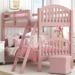 Tempat tidur tingkat YOTT029 warna pink dengan ranjang bawah terpisah.