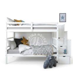 Tempat tidur tingkat YOTT031 warna putih dengan unit rak buku di samping.