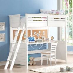 Tempat tidur tingkat (loft bed) YOTT032 dengan meja belajar panjang di bawah.