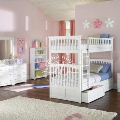 Tempat tidur tingkat YOTT035 warna putih dengan dua laci pink di bawah.