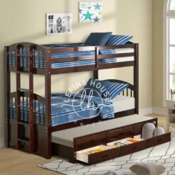 Tempat tidur tingkat YOTT039 dari kayu jati dengan ranjang sorong di bawah.