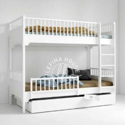 Tempat tidur tingkat klasik YOTT043 warna putih dengan ranjang sorong.