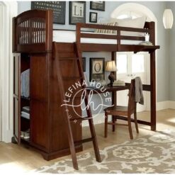 Set loft bed YOTT048 dari kayu jati dengan meja belajar klasik di bawah.