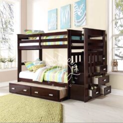 Tempat tidur tingkat YOTT050 dari kayu jati dengan ranjang sorong dan laci.