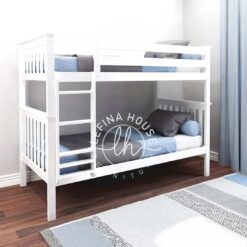 Tempat tidur tingkat minimalis YOTT051 warna putih dengan pagar pengaman vertikal.