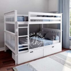 Tempat tidur tingkat klasik YOTT054 warna putih dengan dua laci di bawah.