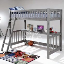 Tempat tidur tingkat (loft bed) YOTT055 warna abu-abu dengan meja belajar.