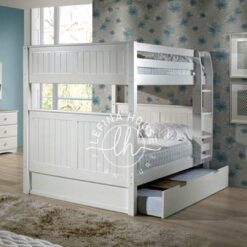 Tempat tidur tingkat klasik YOTT059 warna putih dengan ranjang sorong.