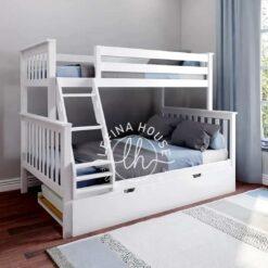 Tempat tidur tingkat modern YOTT060 warna putih dengan ranjang sorong.