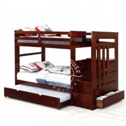 Tempat tidur tingkat YOTT067 dari kayu jati dengan tangga laci dan sorong.