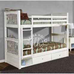 Tempat tidur tingkat YOTT068 warna putih dengan tangga laci dan laci bawah.