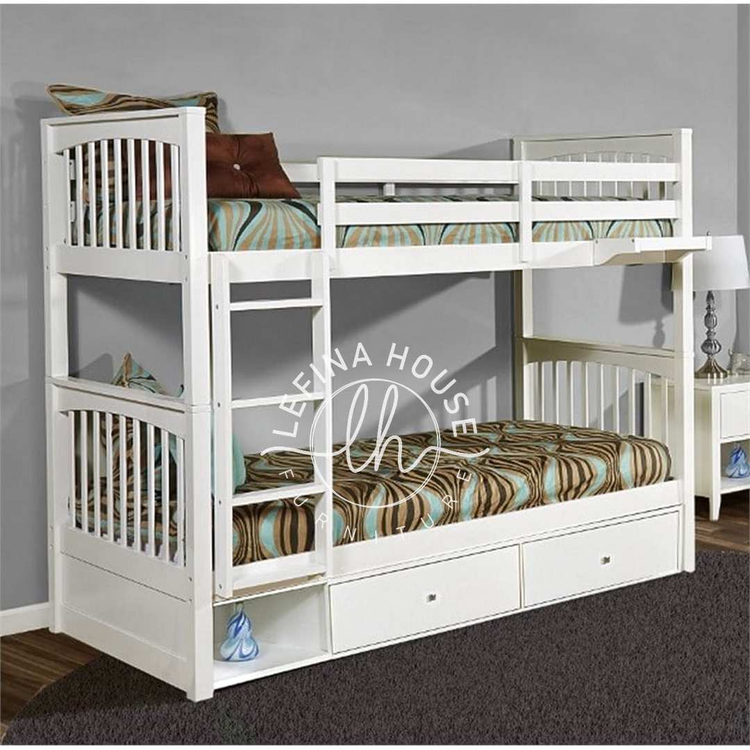 Tempat tidur tingkat YOTT068 warna putih dengan tangga laci dan laci bawah.