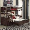Set loft bed YOTT071 dari kayu jati dengan ranjang bawah terpisah.