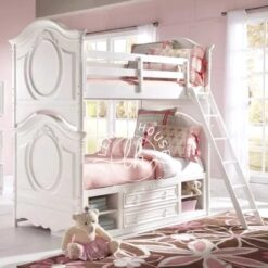 Tempat tidur tingkat mewah YOTT073 warna putih gading dengan detail ukiran.