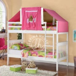 Tempat tidur tingkat YOTT075 dengan atap tenda kain warna pink.
