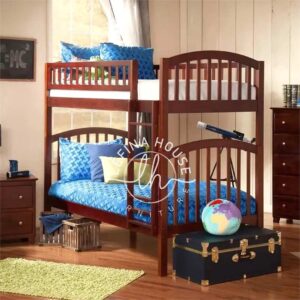 Tempat tidur tingkat klasik YOTT078 dari kayu jati dengan sandaran melengkung.