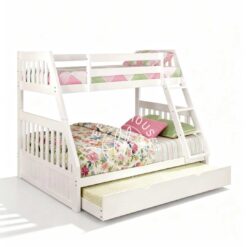 Tempat tidur tingkat klasik YOTT085 warna putih dengan ranjang sorong.