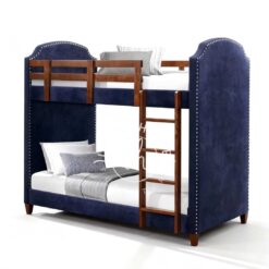Tempat tidur tingkat modern YOTT094 dengan sandaran dari jok kain biru navy.
