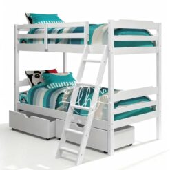 Tempat tidur tingkat YOTT104 warna putih dengan dua laci tosca di bawah.