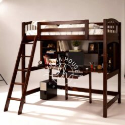 Set loft bed YOTT114 dari kayu jati dengan meja komputer di bawah.
