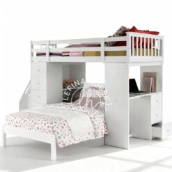 Tempat tidur tingkat (loft bed) YOTT117 dengan meja belajar dan rak di bawah.