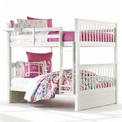 Tempat tidur tingkat YOTT123 warna putih dengan dua laci pink di bawah.