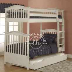 Tempat tidur tingkat klasik YOTT126 warna putih dengan ranjang sorong.