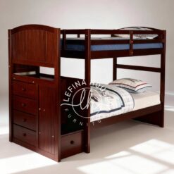 Tempat tidur tingkat YOTT127 dari jati dengan lemari laci di samping.