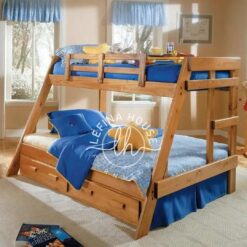 Tempat tidur tingkat YOTT130 dari jati dengan ranjang bawah lebih lebar dan laci.