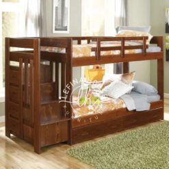 Tempat tidur tingkat YOTT133 dari kayu jati dengan tangga laci dan sorong.